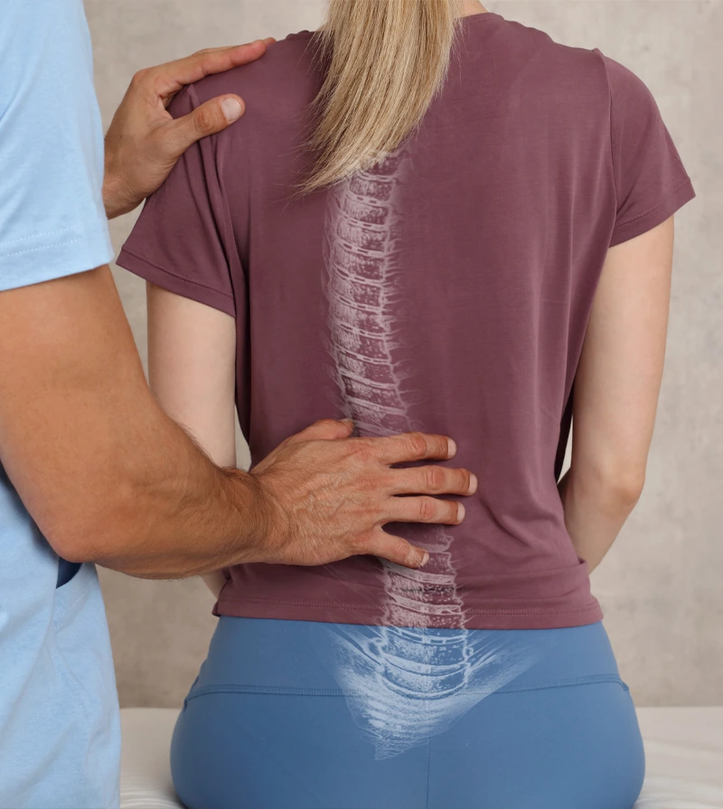 A practitioner places their hands on a woman’s back while she wears a shirt displaying an illustration of the spine